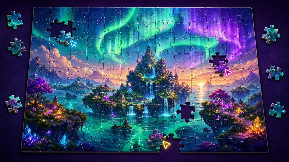 Friends assembling a colorful shared picture puzzle