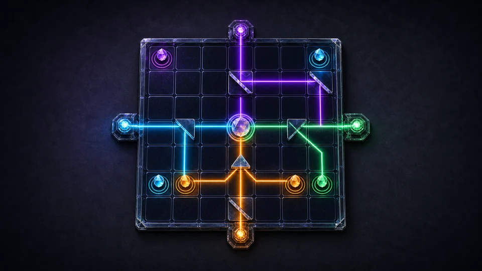 Raythread Rally glass-light strategy board with reflected prism beams